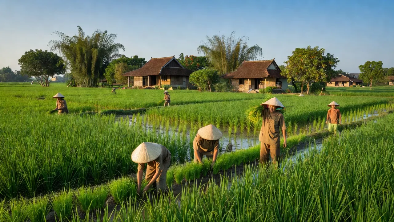 Cảnh đẹp xã Tống Phan, huyện Phù Cừ, tỉnh Hưng Yên với ruộng lúa xanh tươi, nhà truyền thống và người dân làm nông.