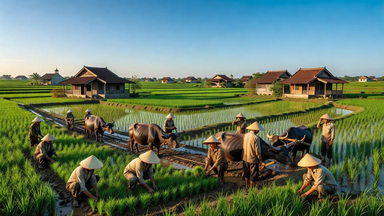 Tống Phan village in Hưng Yên with lush rice fields and local farmers at work.