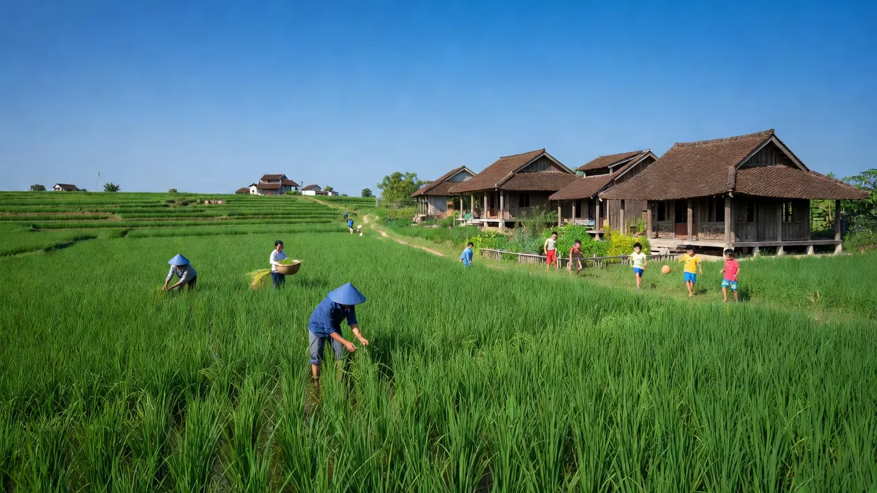 Tống Trân village in Hưng Yên, featuring green rice fields and traditional Vietnamese houses in a rural setting.