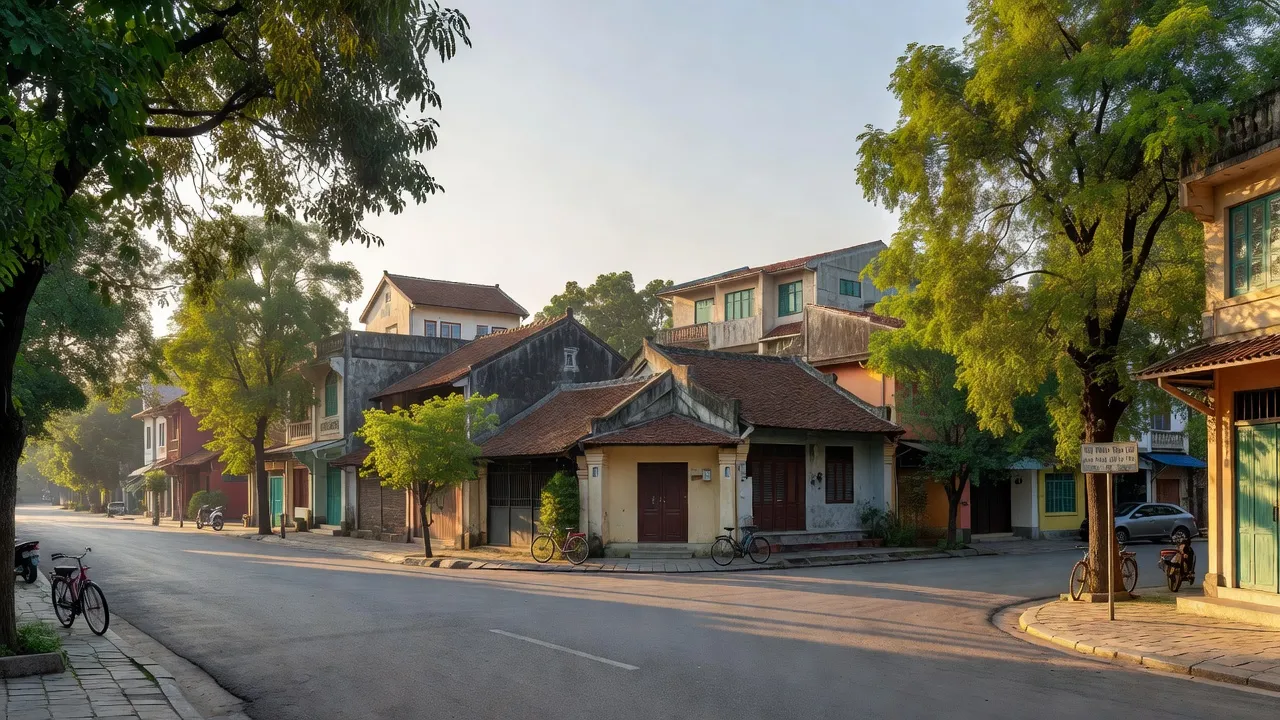 Thị trấn Trần Cao ở huyện Phù Cừ, tỉnh Hưng Yên, với cảnh quan yên bình và nhà cửa xung quanh.