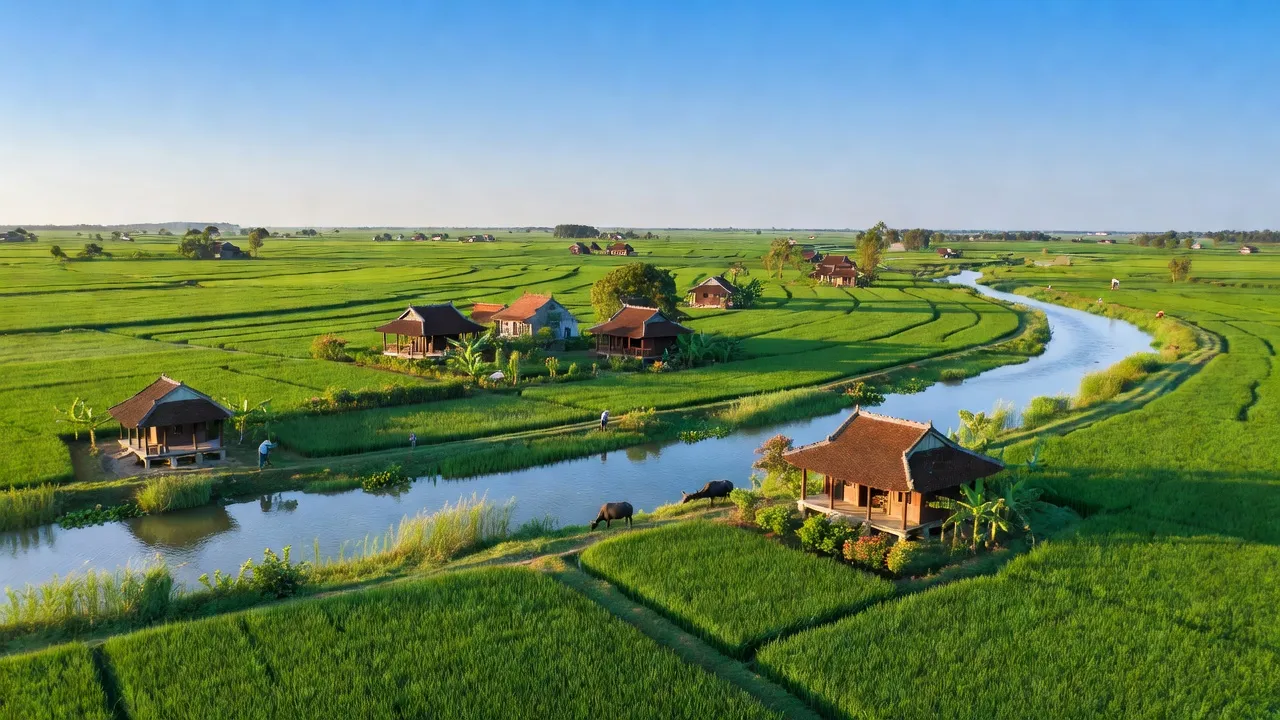 Cảnh đẹp huyện Tiên Lữ, tỉnh Hưng Yên với ruộng xanh và nhà truyền thống dưới bầu trời xanh.