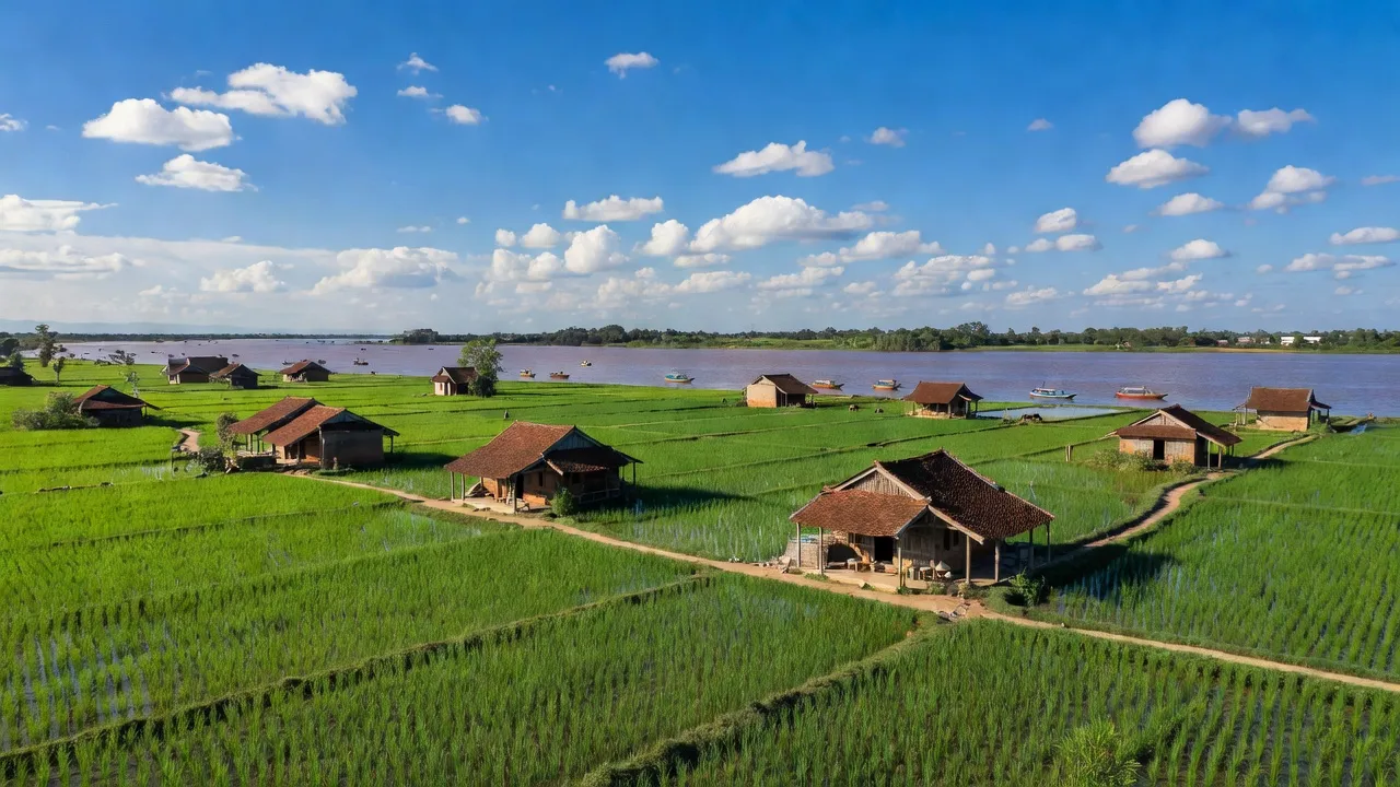 Khung cảnh huyện Tiên Lữ, tỉnh Hưng Yên với cánh đồng xanh và nhà truyền thống.
