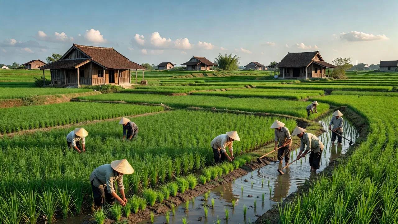 Cảnh đẹp xã An Viên, huyện Tiên Lữ, Hưng Yên với ruộng rice và nhà truyền thống.