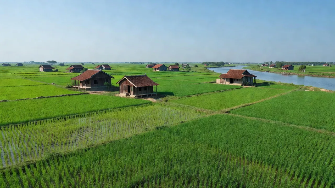 Cảnh đồng xanh An Viên, Tiên Lữ, Hưng Yên với ruộng lúa, nhà truyền thống, bầu trời trong xanh.