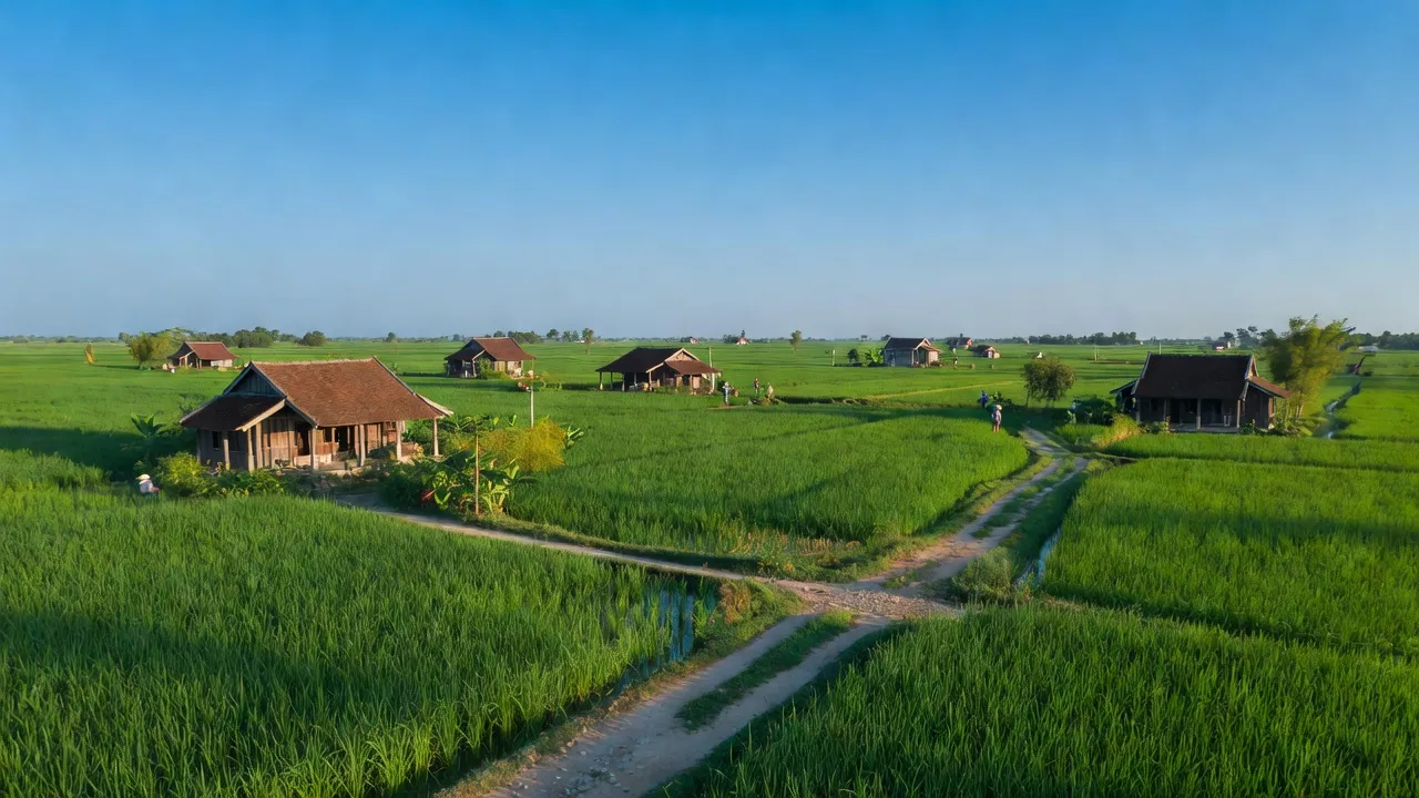 Cảnh nông thôn xã Cương Chính, huyện Tiên Lữ, Hưng Yên với cánh đồng xanh và nhà truyền thống.