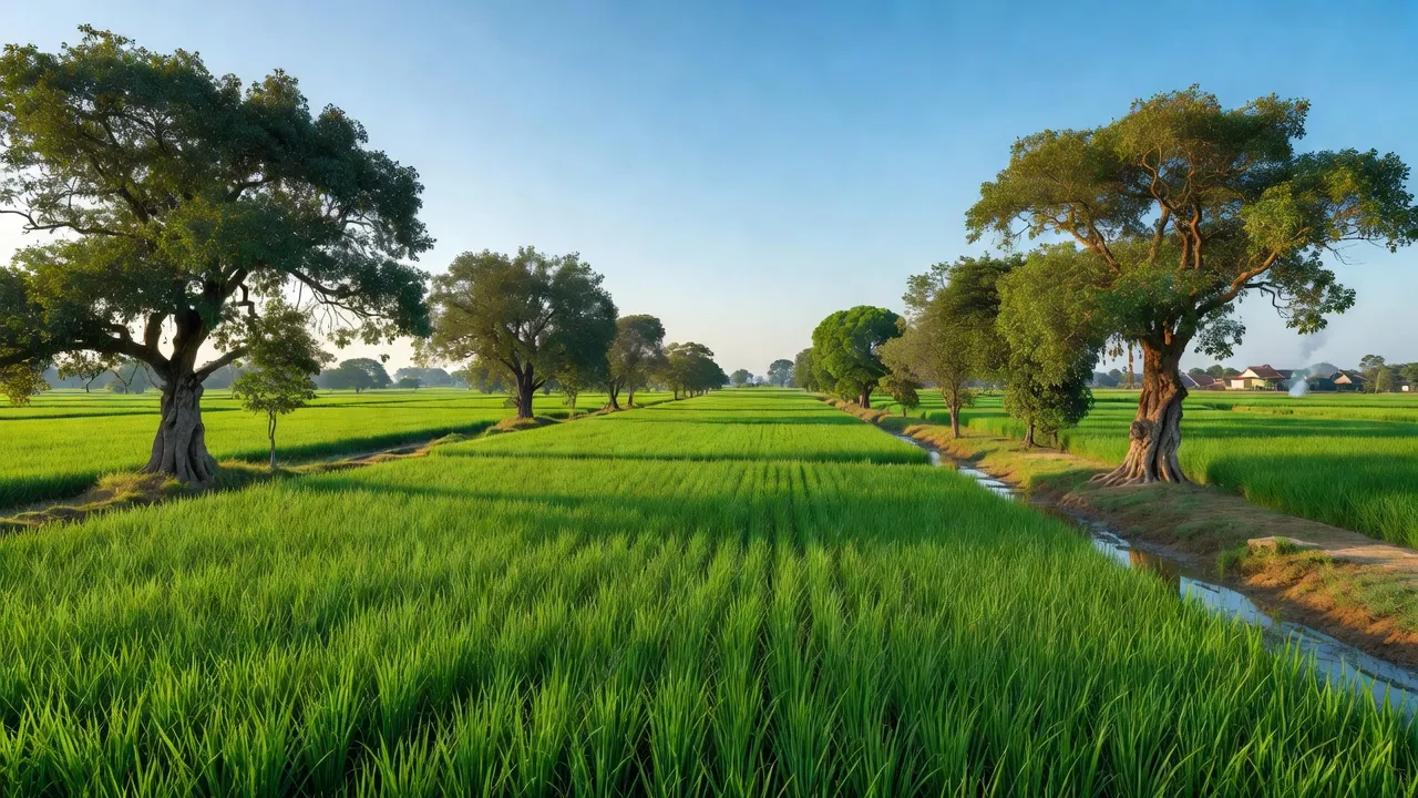 Cảnh nông thôn yên bình ở Cương Chính, Tiên Lữ, Hưng Yên với ruộng lúa xanh và bầu trời trong.