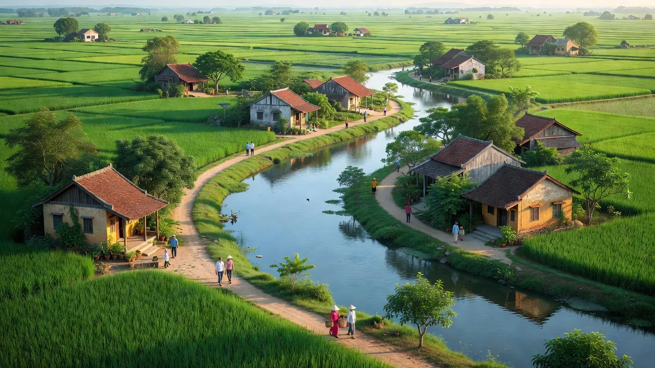 Cảnh quan xã Hưng Đạo, huyện Tiên Lữ, tỉnh Hưng Yên với cánh đồng xanh và nhà truyền thống.