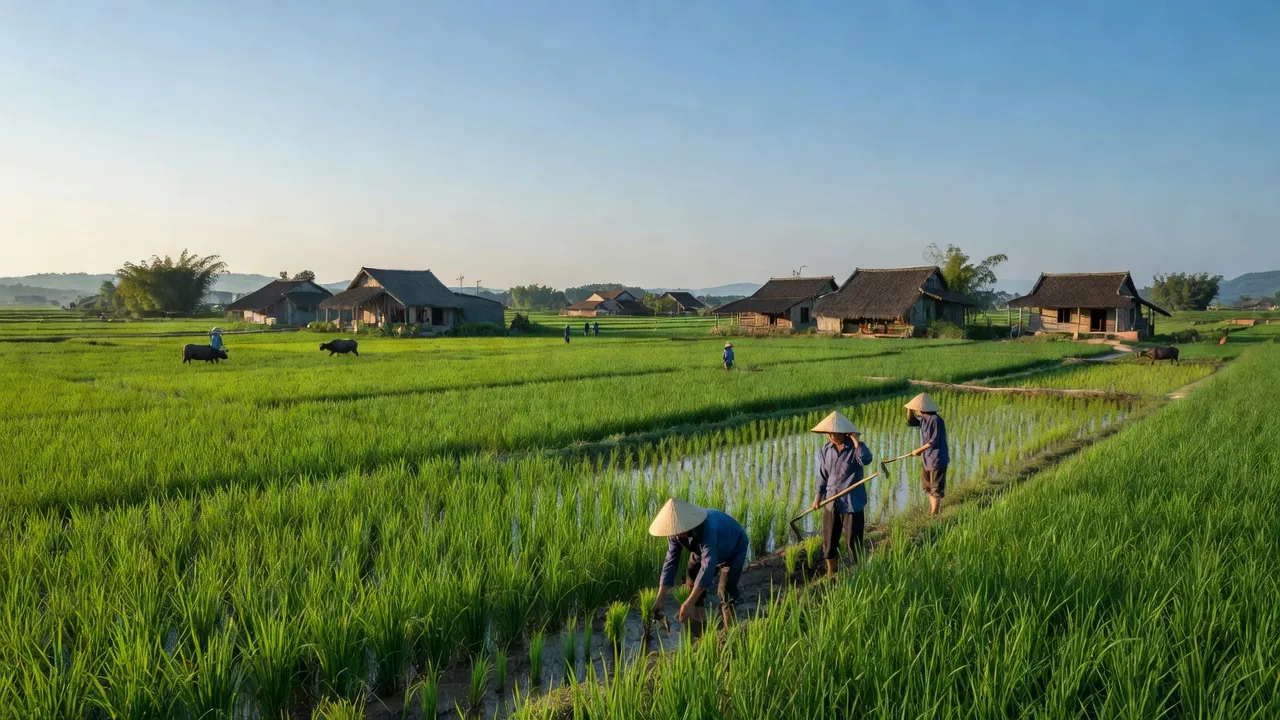 Khung cảnh yên bình xã Hưng Đạo, huyện Tiên Lữ, tỉnh Hưng Yên với cánh đồng xanh mướt.