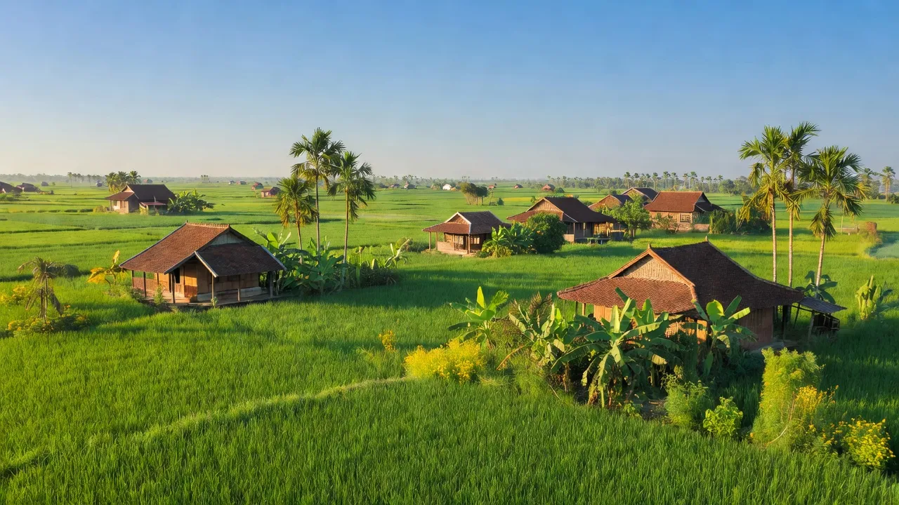 Cảnh quan xã Lệ Xá, huyện Tiên Lữ, tỉnh Hưng Yên với cánh đồng xanh và nhà truyền thống.