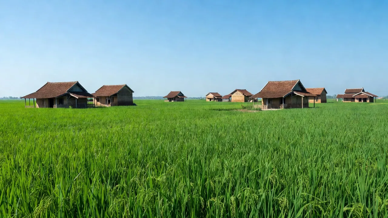 Khung cảnh làng Lệ Xá, huyện Tiên Lữ, tỉnh Hưng Yên với cánh đồng xanh và nhà truyền thống.
