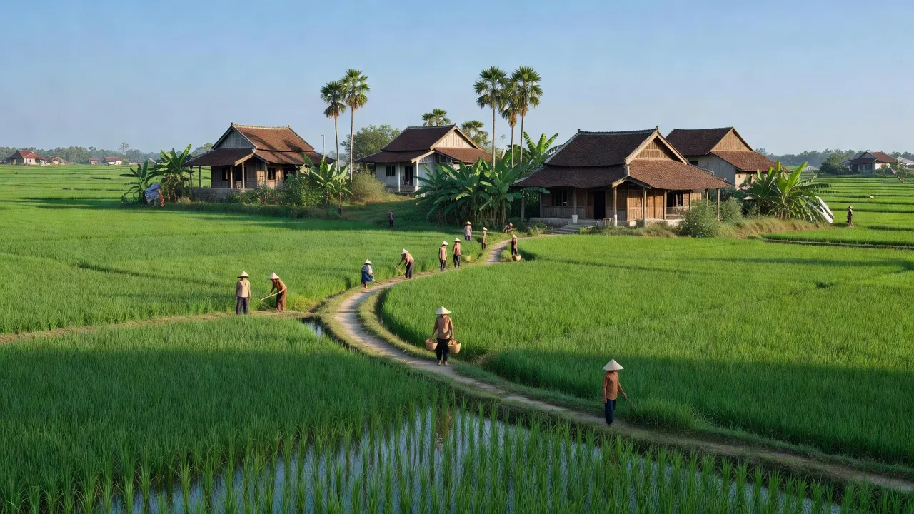 Cảnh quan thanh bình xã Thiện Phiến, huyện Tiên Lữ, tỉnh Hưng Yên với đồng xanh và nhà truyền thống.