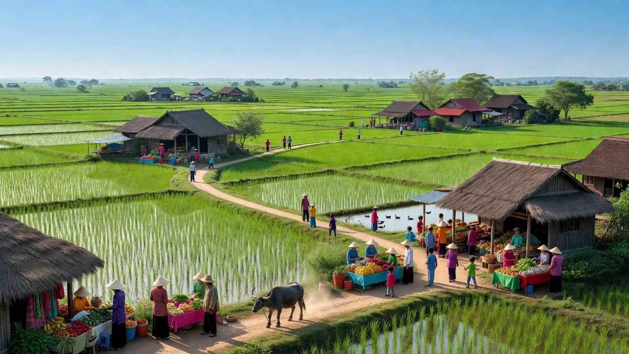 Cảnh sắc Xã Thiện Phiến, Huyện Tiên Lữ, Tỉnh Hưng Yên với cánh đồng xanh và nhà truyền thống.