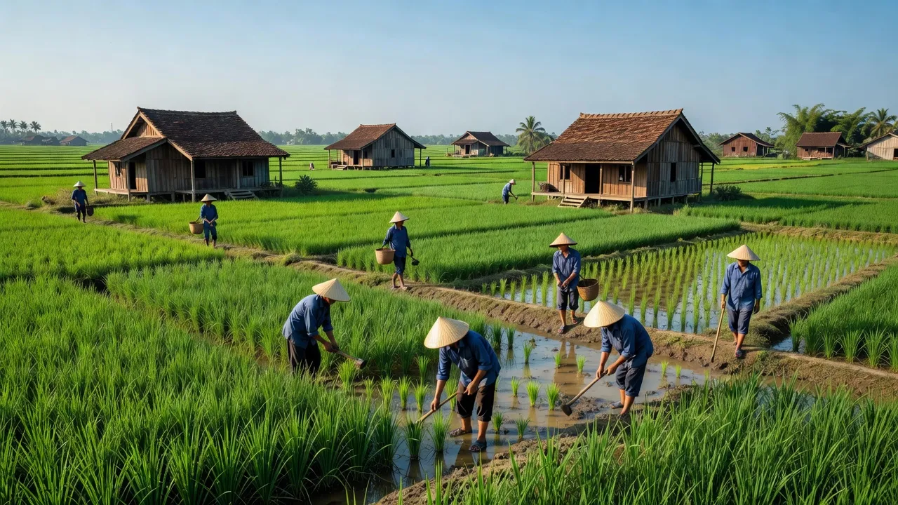 Cảnh đồng quê xã Thụy Lôi huyện Tiên Lữ, tỉnh Hưng Yên với ruộng lúa xanh tươi.