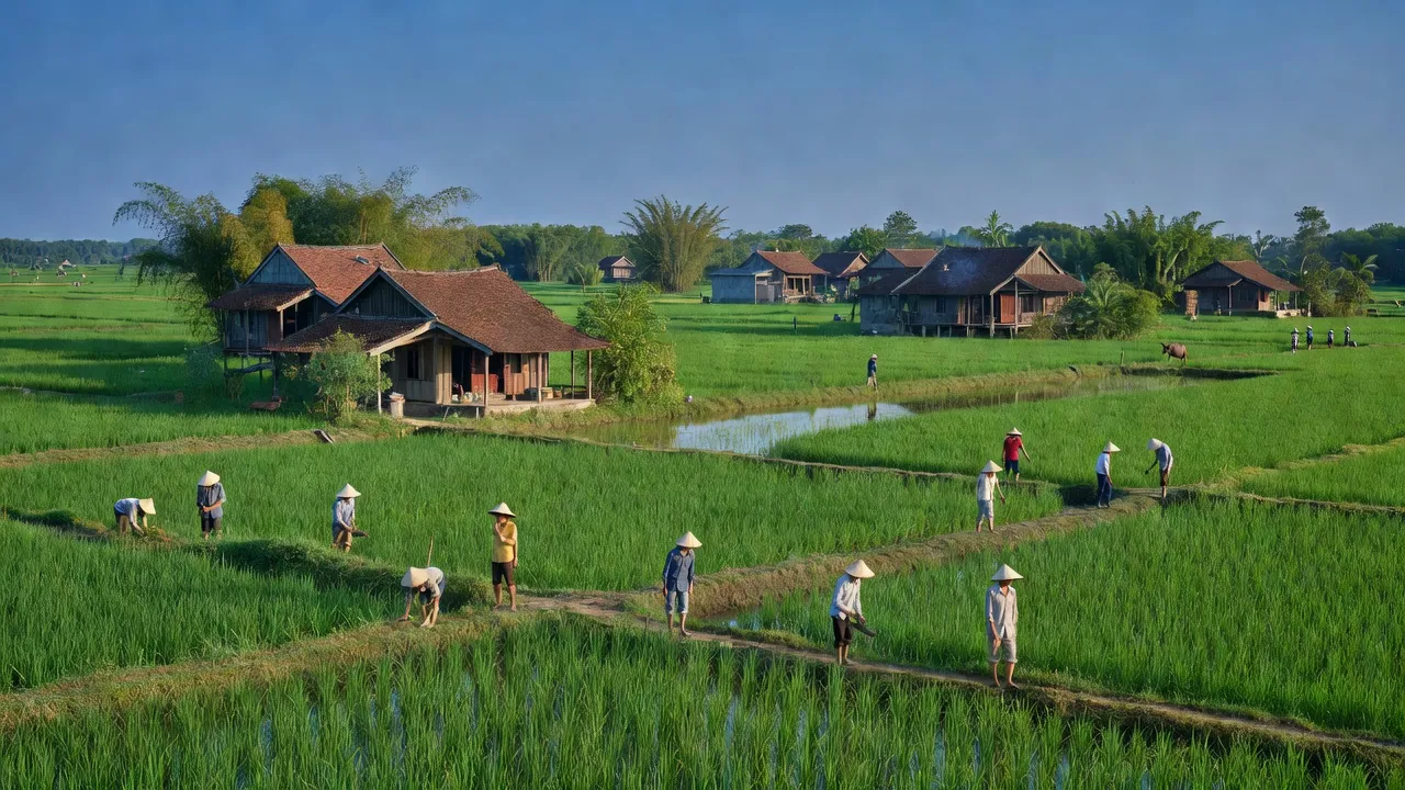 Khung cảnh làng Thụy Lôi, huyện Tiên Lữ, tỉnh Hưng Yên với cánh đồng xanh tươi.