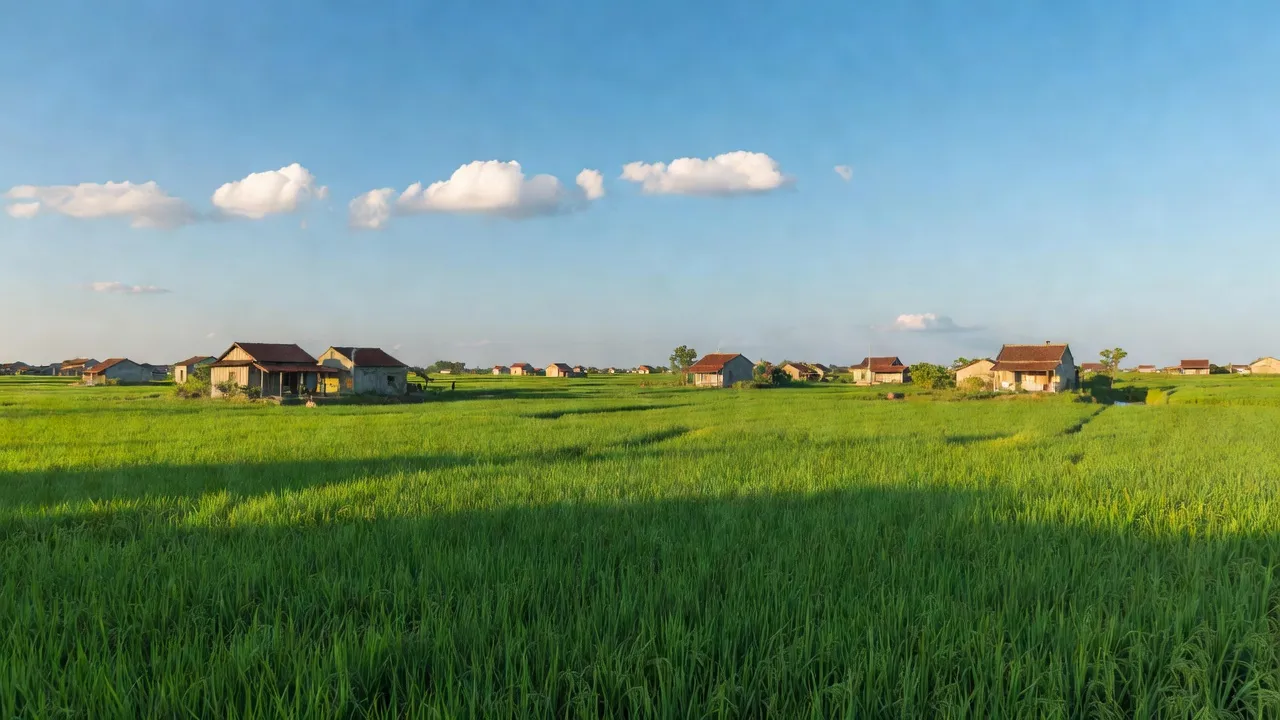 Cảnh đồng xanh và nhà ở xã Trung Dũng, huyện Tiên Lữ, tỉnh Hưng Yên, Việt Nam.