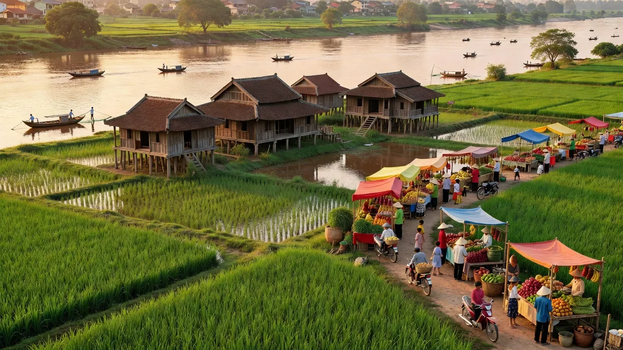 Khung cảnh huyện Văn Giang, tỉnh Hưng Yên với ruộng xanh và kiến trúc Việt Nam truyền thống.