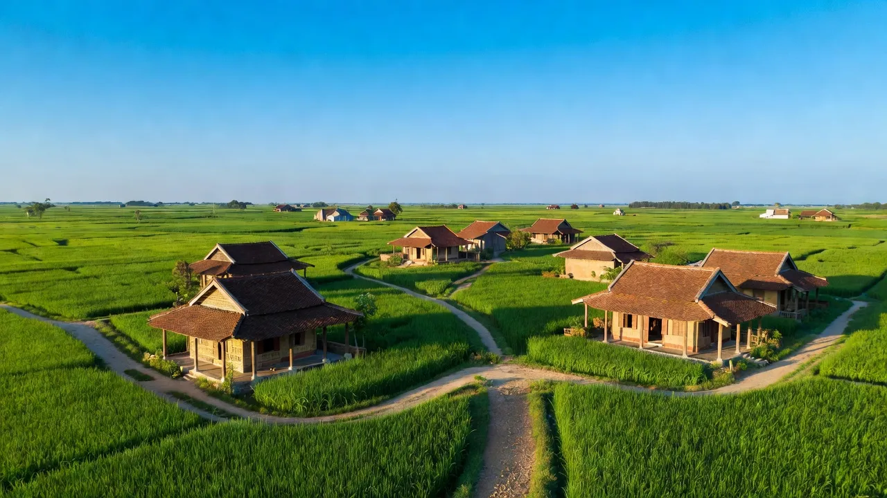 Quang cảnh huyện Văn Giang, tỉnh Hưng Yên với đồng lúa và nhà truyền thống, vẻ đẹp tự nhiên.