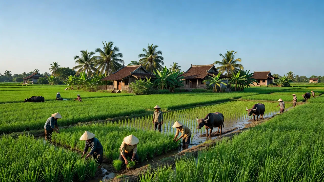 Cảnh đẹp xã Cửu Cao, huyện Văn Giang, tỉnh Hưng Yên với cánh đồng xanh và nhà truyền thống.