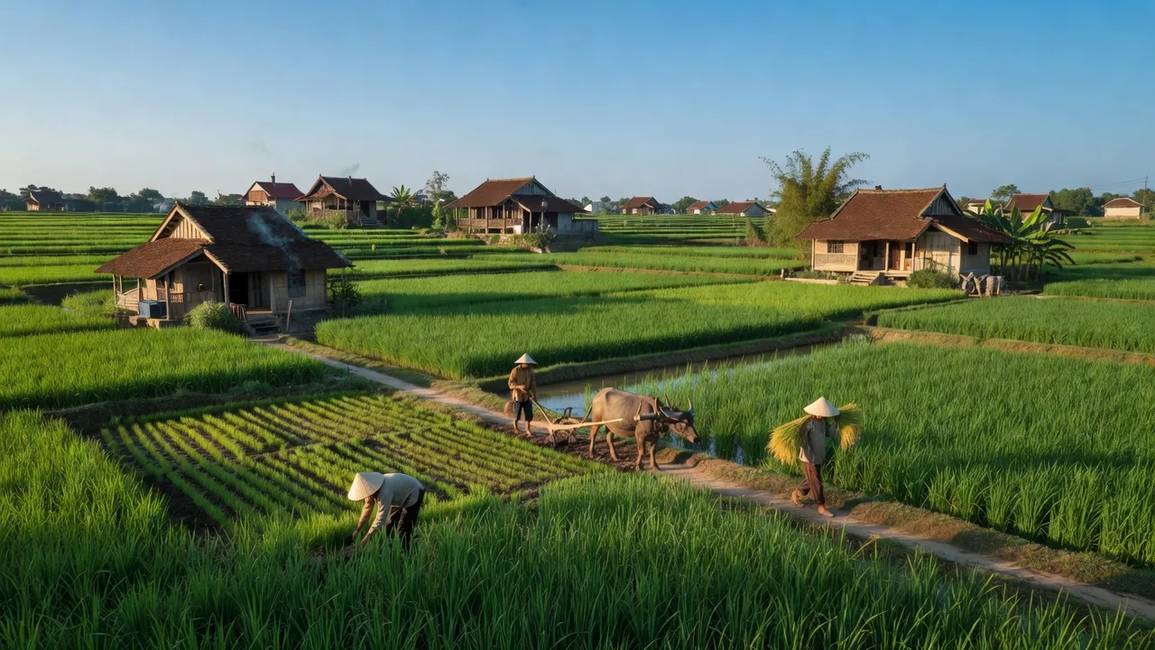 Cảnh quan xã Cửu Cao, huyện Văn Giang, tỉnh Hưng Yên với cánh đồng và nhà truyền thống.