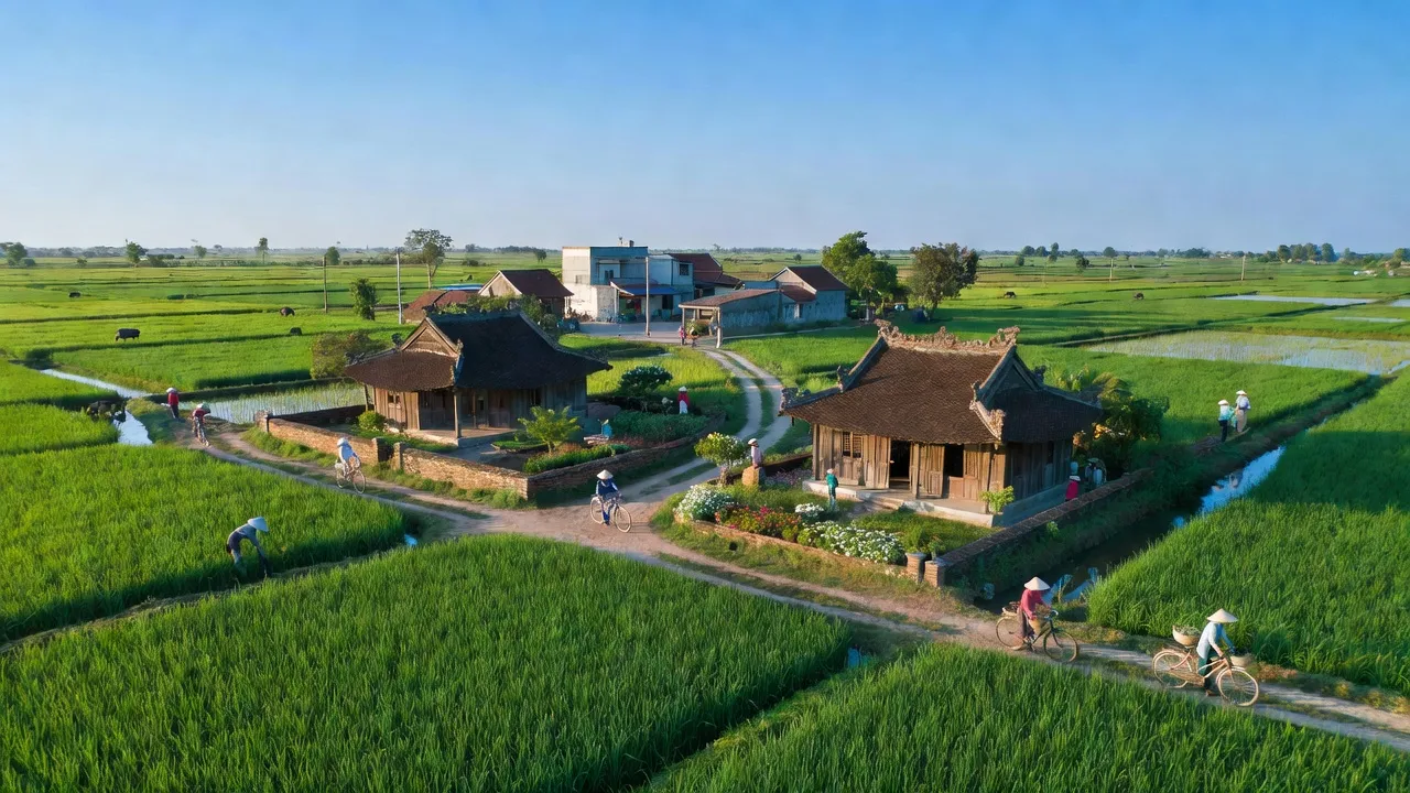Cảnh đẹp xã Liên Nghĩa, huyện Văn Giang, tỉnh Hưng Yên với cánh đồng xanh và kiến trúc truyền thống.