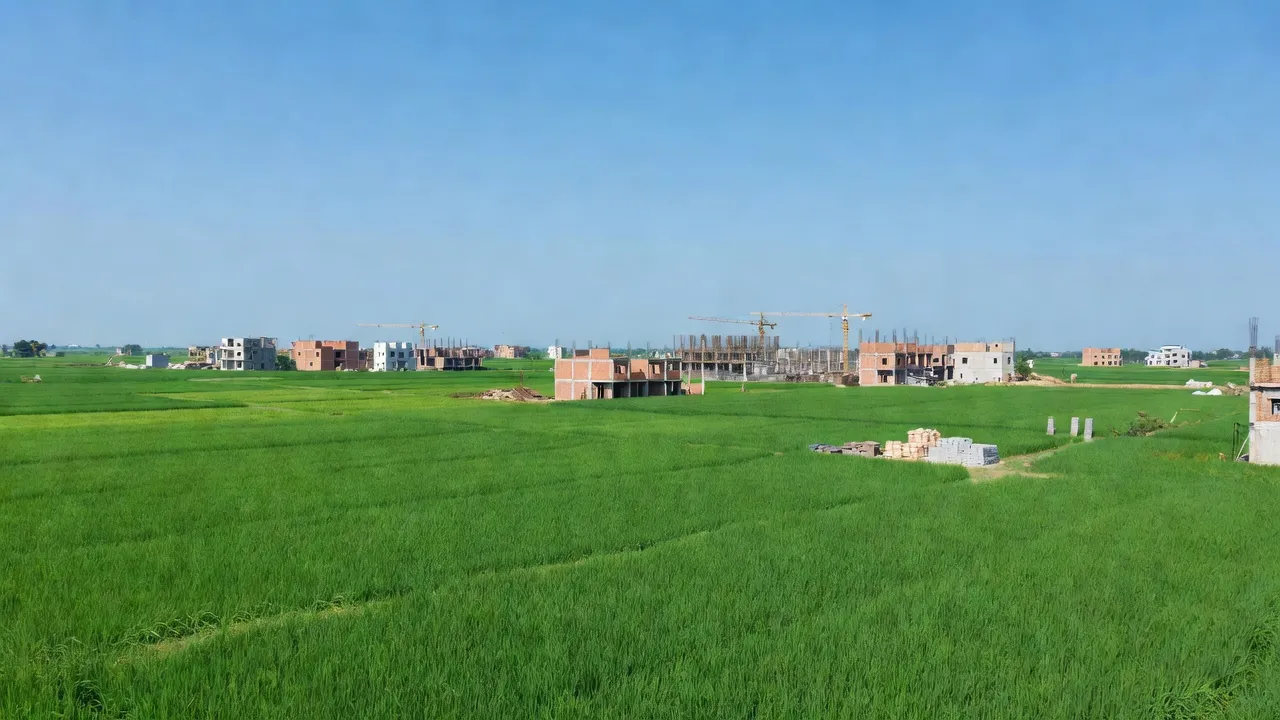 Khung cảnh xã Liên Nghĩa, huyện Văn Giang, Hưng Yên, cánh đồng xanh và nhà cửa mới xây.