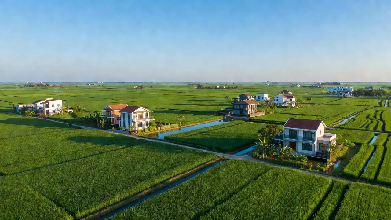 Cảnh quan xã Long Hưng, Văn Giang, Hưng Yên với cánh đồng, nhà cửa và không khí trong lành.