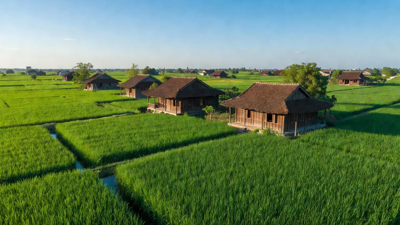 Cảnh đẹp xã Mễ Sở, huyện Văn Giang, tỉnh Hưng Yên với cánh đồng xanh mướt và nhà truyền thống.