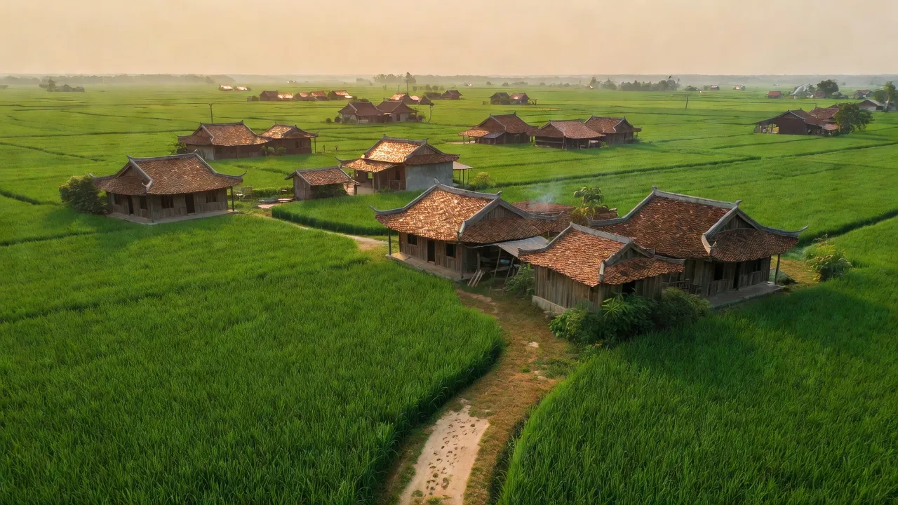 Cảnh quan xã Nghĩa Trụ, huyện Văn Giang, tỉnh Hưng Yên với cánh đồng xanh và nhà truyền thống.