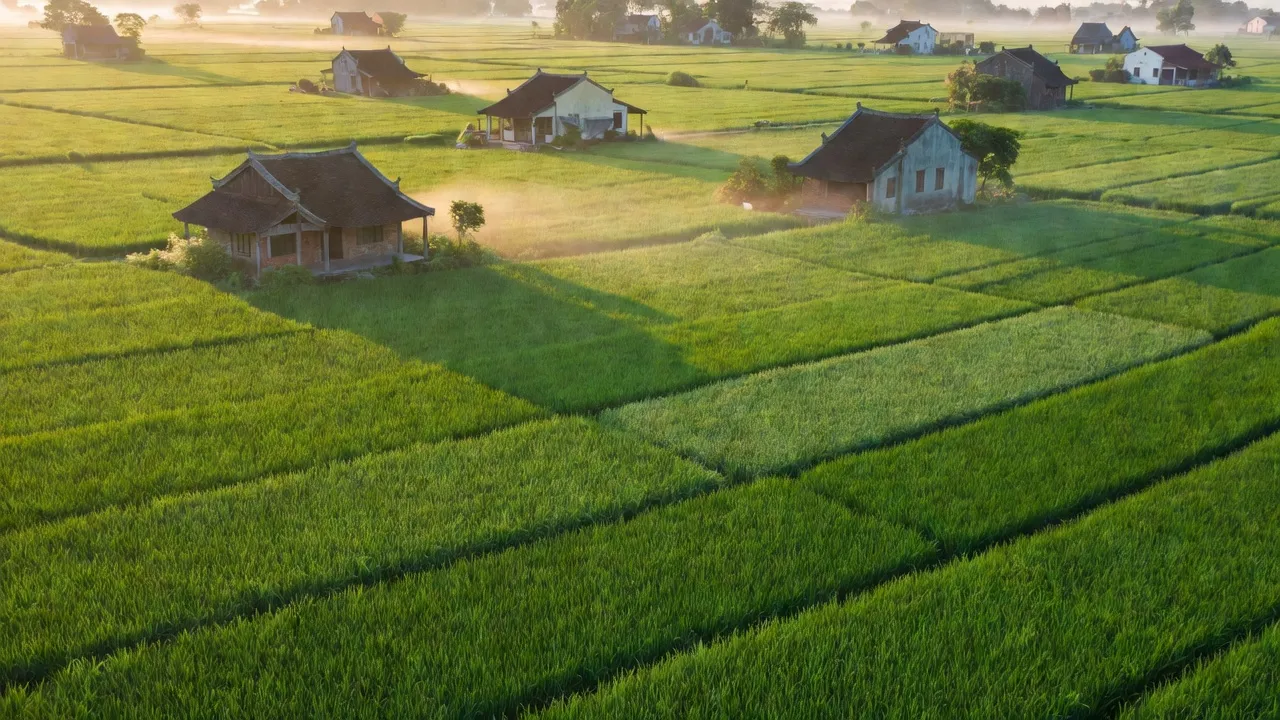 Cảnh sắc xanh tươi tại xã Nghĩa Trụ, huyện Văn Giang, tỉnh Hưng Yên với nhà truyền thống.