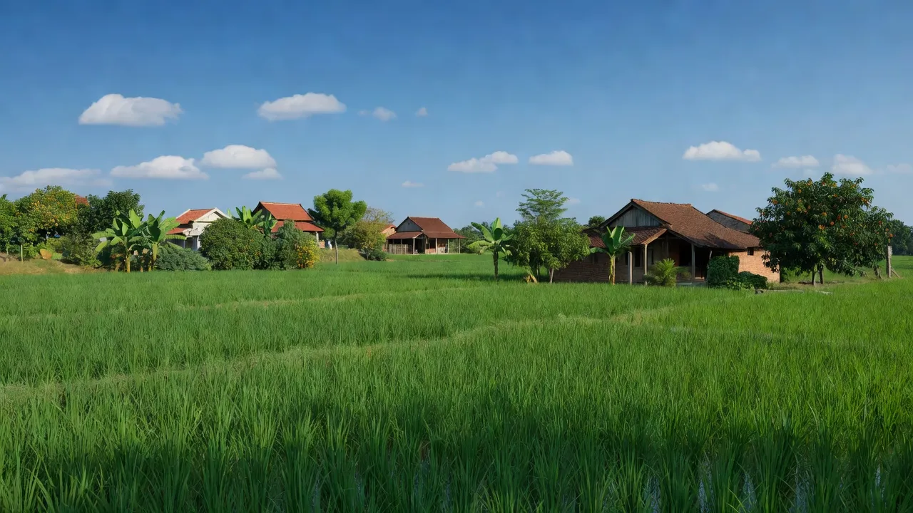 Cảnh đồng lúa và nhà dân ở xã Phụng Công, huyện Văn Giang, tỉnh Hưng Yên, Việt Nam.