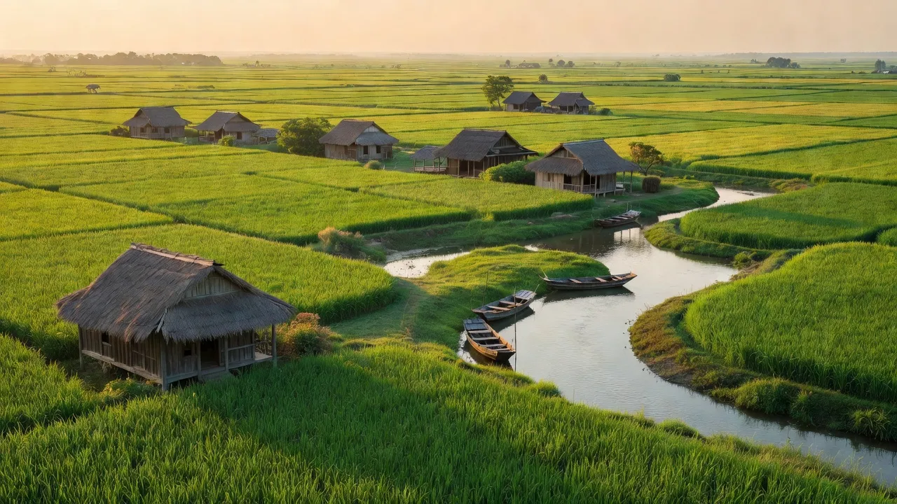 Khung cảnh làng Phụng Công, huyện Văn Giang, tỉnh Hưng Yên với đồng ruộng xanh và sông.