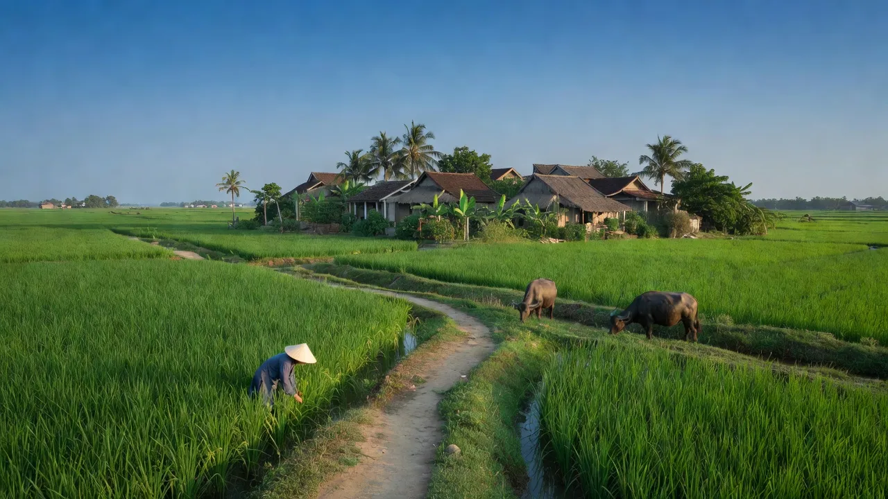 Cảnh quan yên bình xã Tân Tiến, huyện Văn Giang, tỉnh Hưng Yên với đồng ruộng và làng quê.