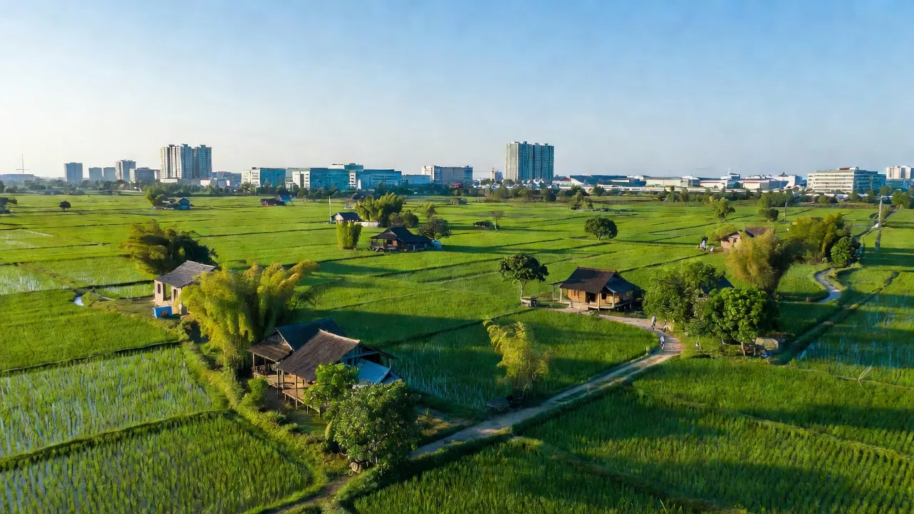 Bức tranh đẹp về xã Thắng Lợi, huyện Văn Giang với cánh đồng xanh mát và nhà cửa truyền thống.