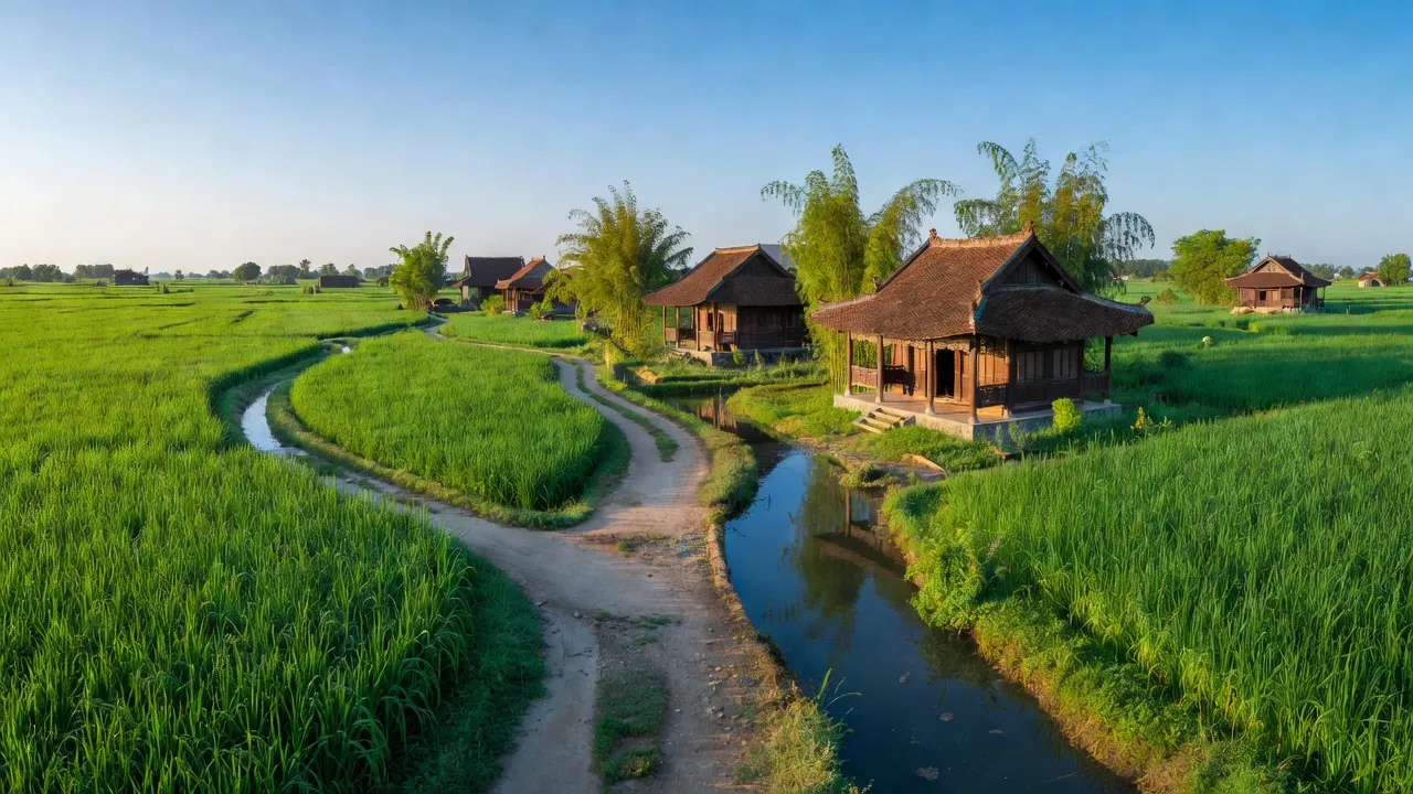 Cảnh đẹp xã Vĩnh Khúc, Văn Giang, Hưng Yên với cánh đồng xanh mát và kiến trúc truyền thống.