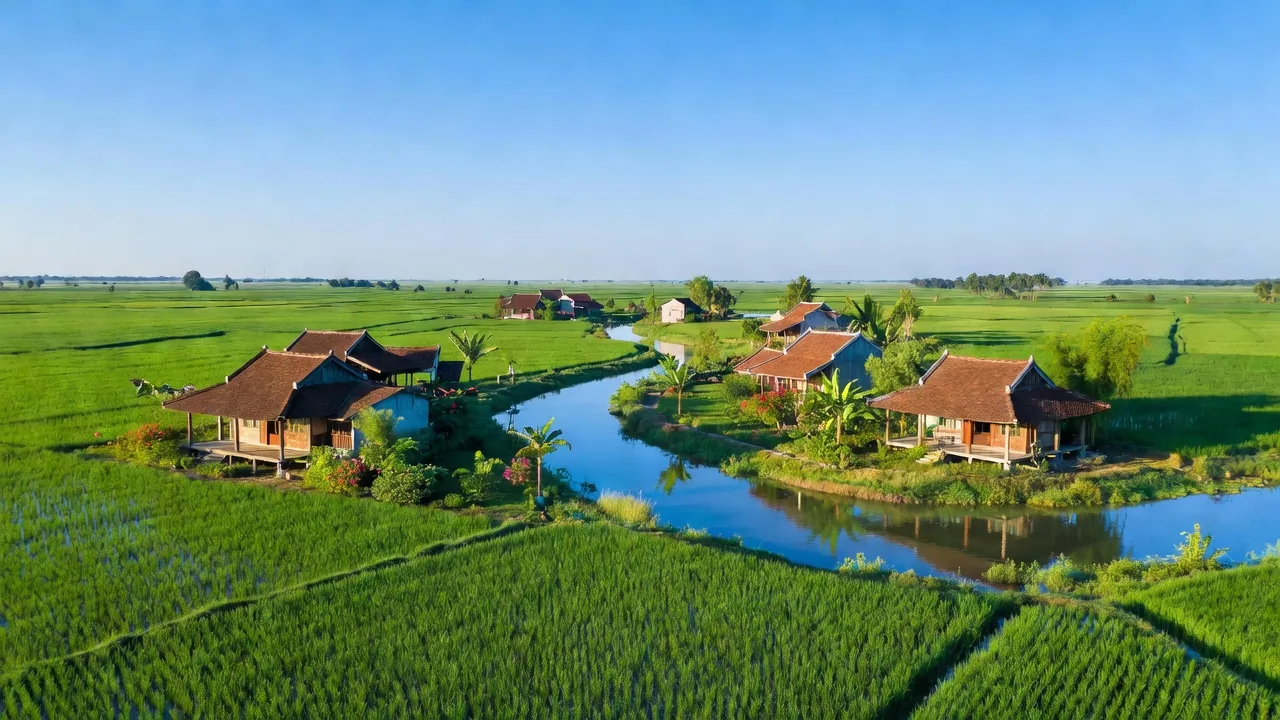 Cảnh quan xanh tươi của xã Vĩnh Khúc, huyện Văn Giang, tỉnh Hưng Yên với nhà truyền thống và ruộng đồng.