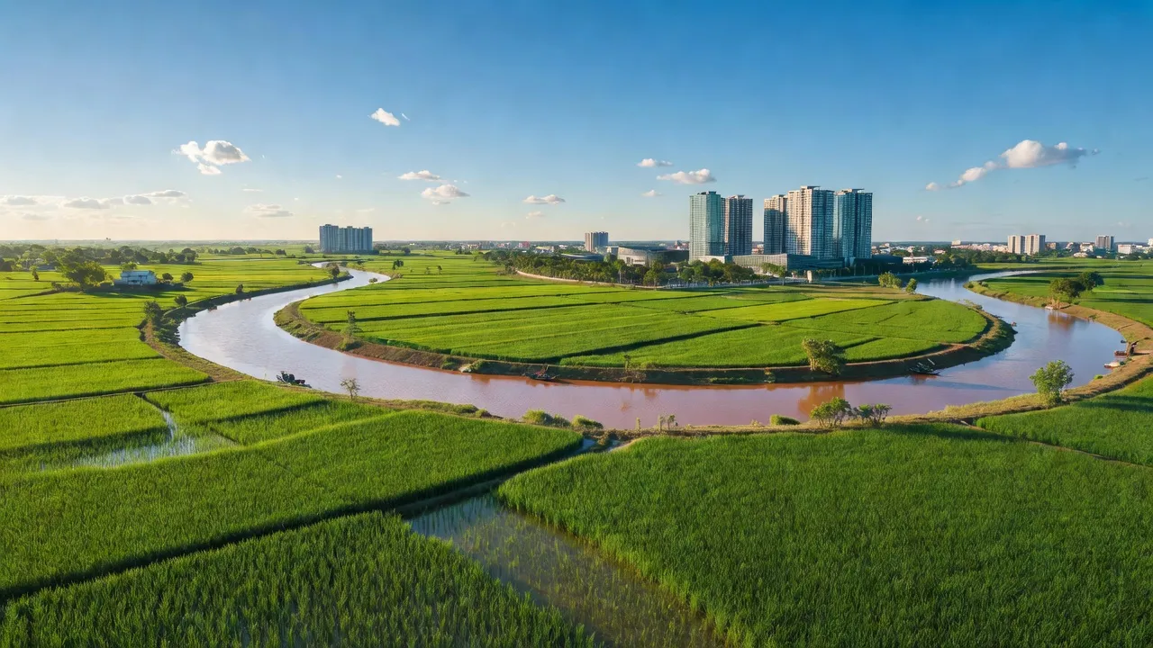 Cảnh quan xã Xuân Quan, huyện Văn Giang, tỉnh Hưng Yên, cánh đồng xanh và khu đô thị Ecopark hiện đại.