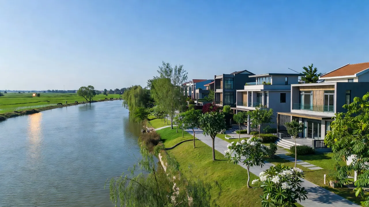 Khung cảnh nông thôn Xuân Quan bên sông Hồng, nhà hiện đại, cây xanh, bầu trời trong xanh.