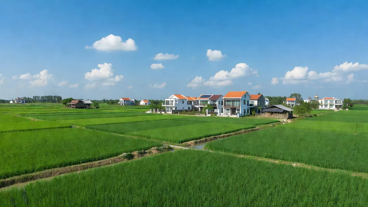Phong cảnh Xã Chỉ Đạo, huyện Văn Lâm, Hưng Yên với cánh đồng xanh và khu dân cư hiện đại.