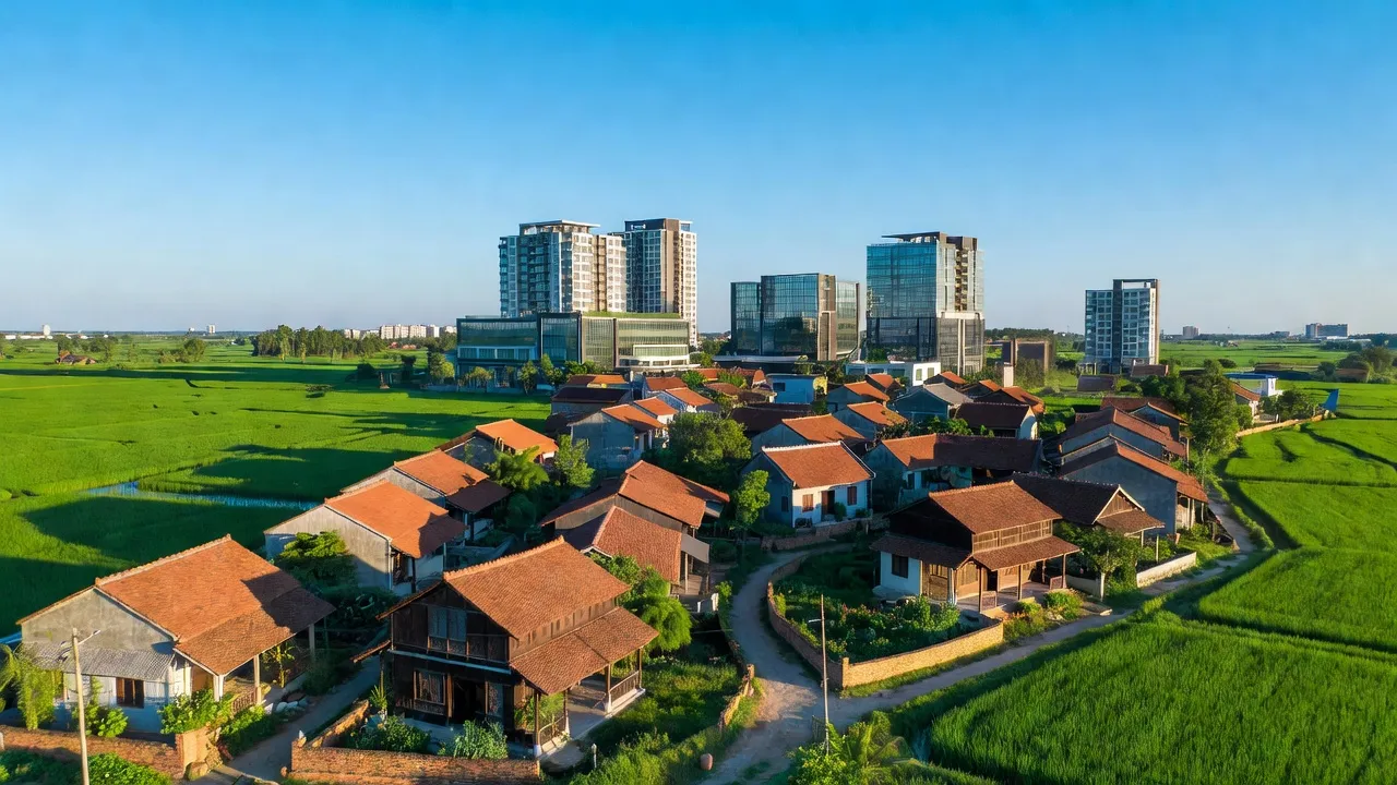 Xã Chỉ Đạo, Văn Lâm, Hưng Yên, phát triển đô thị, nhà cửa truyền thống và hiện đại, cánh đồng xanh.