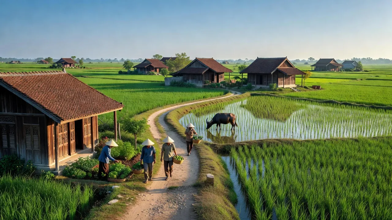 Khung cảnh yên bình xã Đình Dù, Văn Lâm, Hưng Yên với cánh đồng xanh và nhà truyền thống.