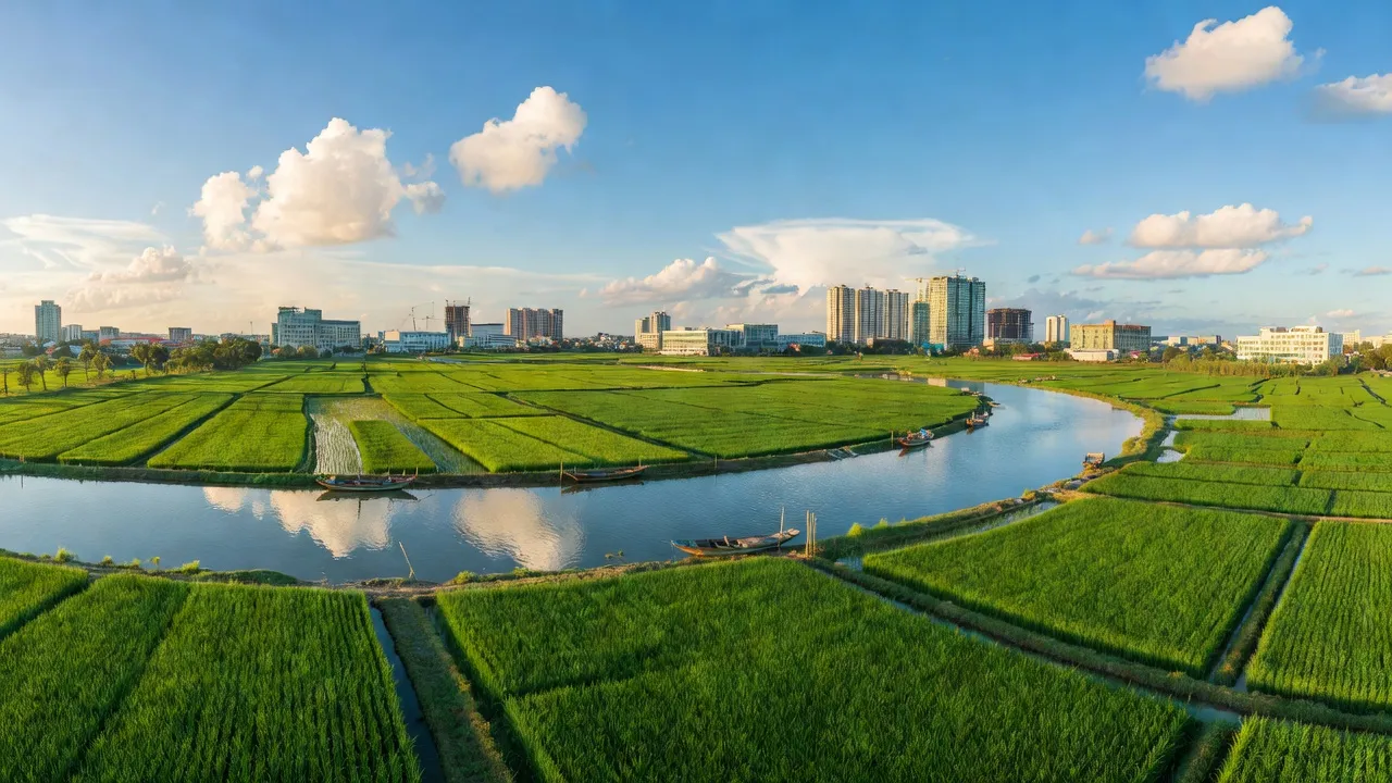Khung cảnh xã Lạc Đạo, huyện Văn Lâm, tỉnh Hưng Yên với đồng ruộng và phát triển đô thị.
