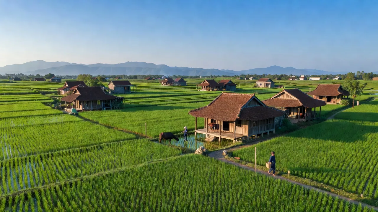 Khung cảnh xã Lạc Hồng, huyện Văn Lâm với cánh đồng xanh, nhà truyền thống Việt Nam và bầu trời trong xanh.