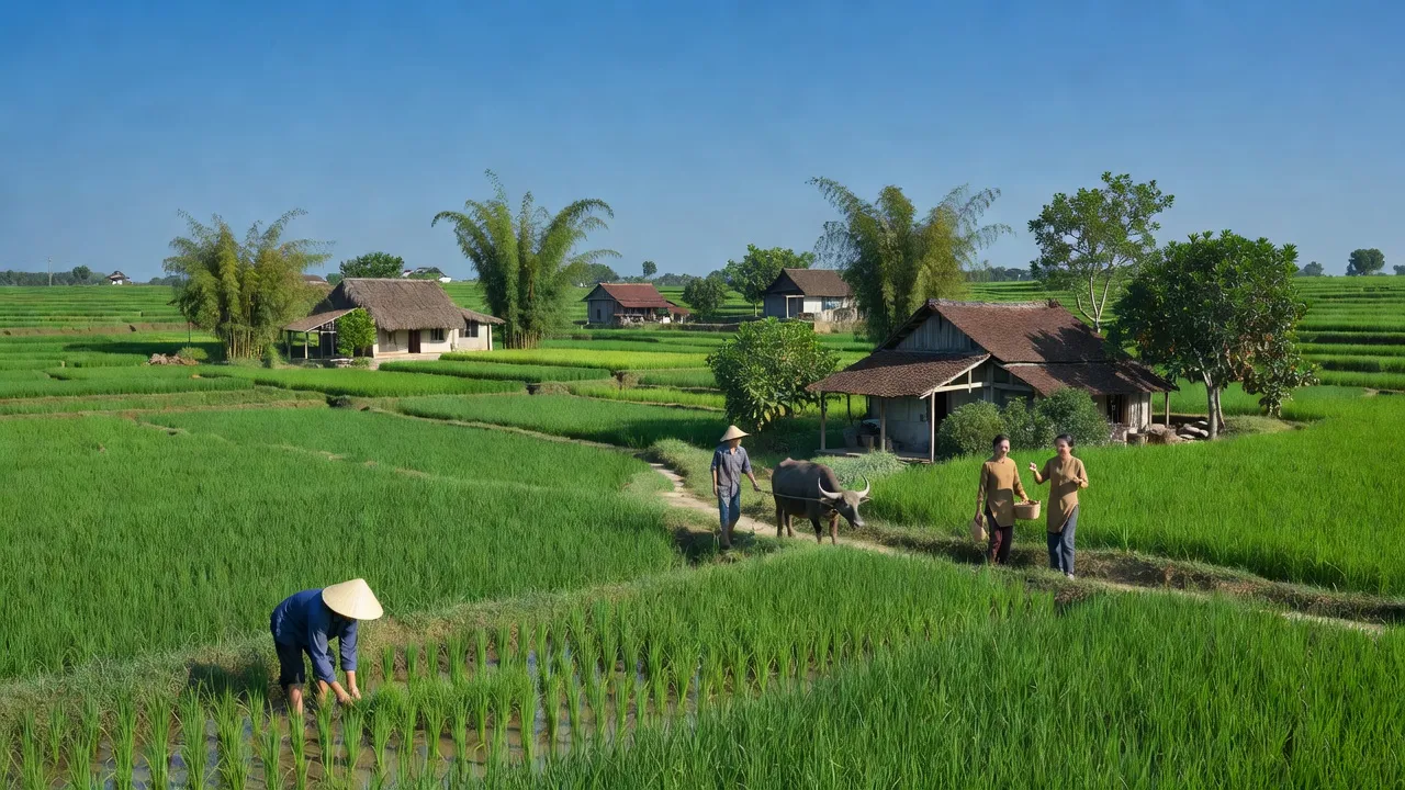 Khung cảnh xã Lạc Hồng, huyện Văn Lâm với cánh đồng xanh tươi và nhà cửa truyền thống.