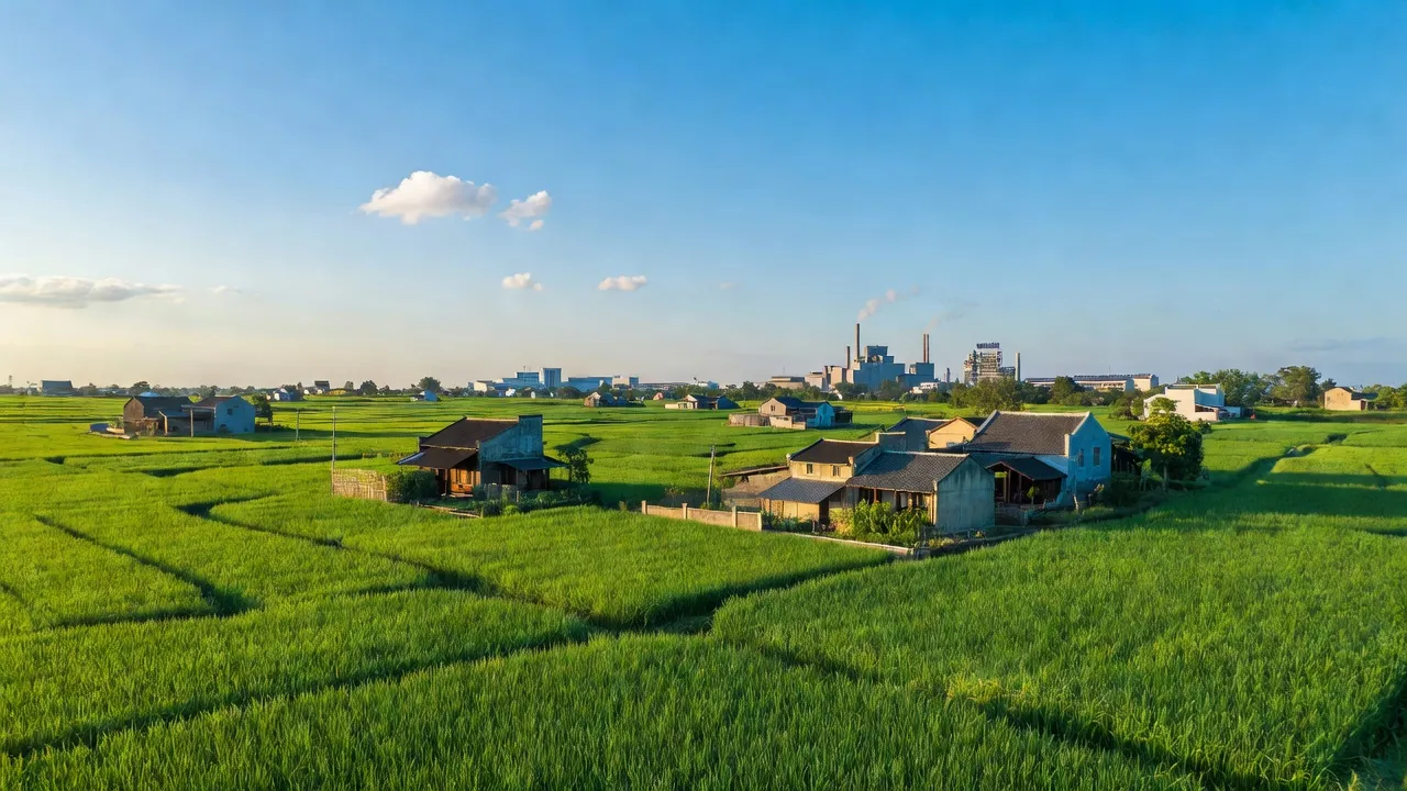 Cảnh đẹp xã Lương Tài, huyện Văn Lâm, tỉnh Hưng Yên với cánh đồng xanh và nhà truyền thống.