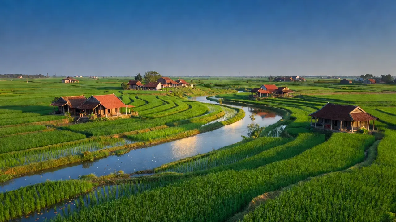 Khung cảnh thanh bình tại Xã Lương Tài, Huyện Văn Lâm, Tỉnh Hưng Yên với đồng ruộng xanh tươi.