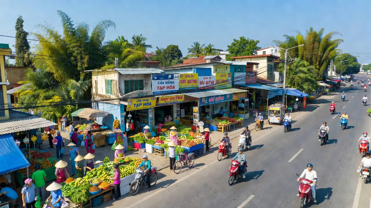 Như Quỳnh town in Văn Lâm, Hưng Yên showing vibrant markets and local shops along Quốc lộ 5A.