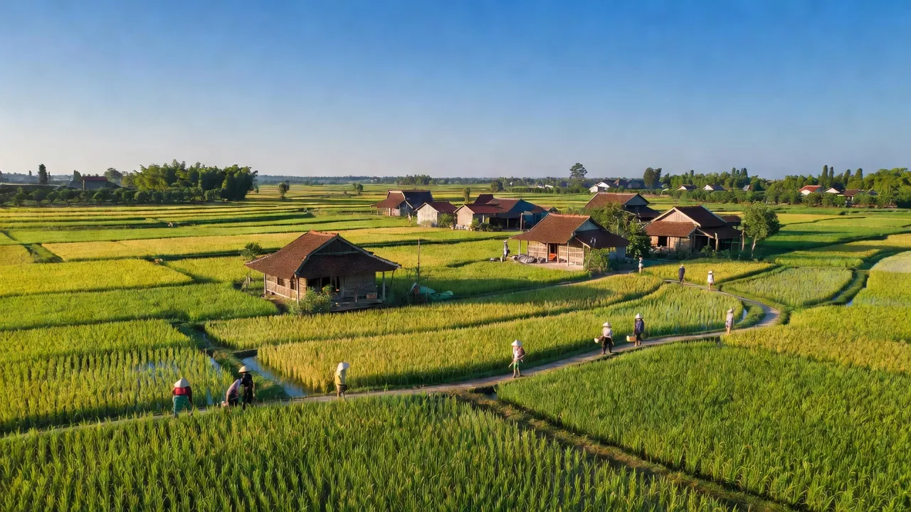Cảnh quan xã Tân Quang, huyện Văn Lâm, tỉnh Hưng Yên với cánh đồng lúa và nhà truyền thống.