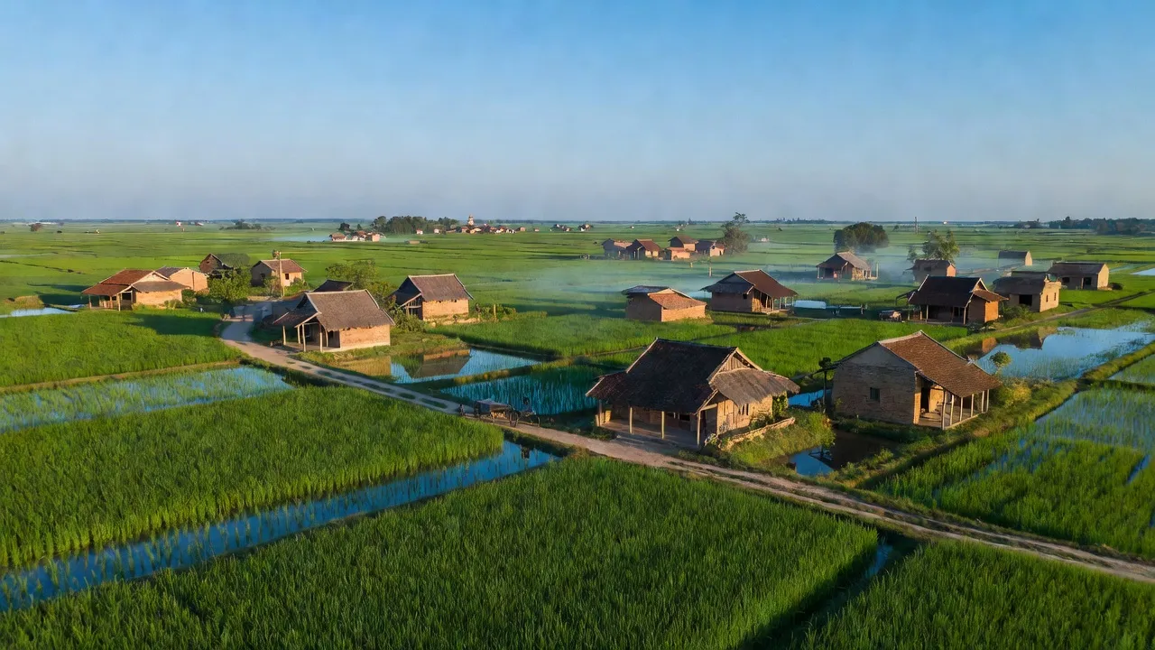 Khung cảnh đẹp của xã Tân Quang, huyện Văn Lâm, Hưng Yên với cánh đồng lúa và nhà truyền thống.