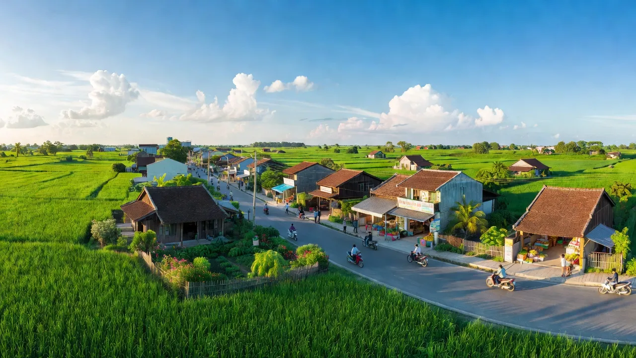 Khung cảnh Xã Trưng Trắc, Huyện Văn Lâm, tỉnh Hưng Yên, với cánh đồng xanh và nhà truyền thống.