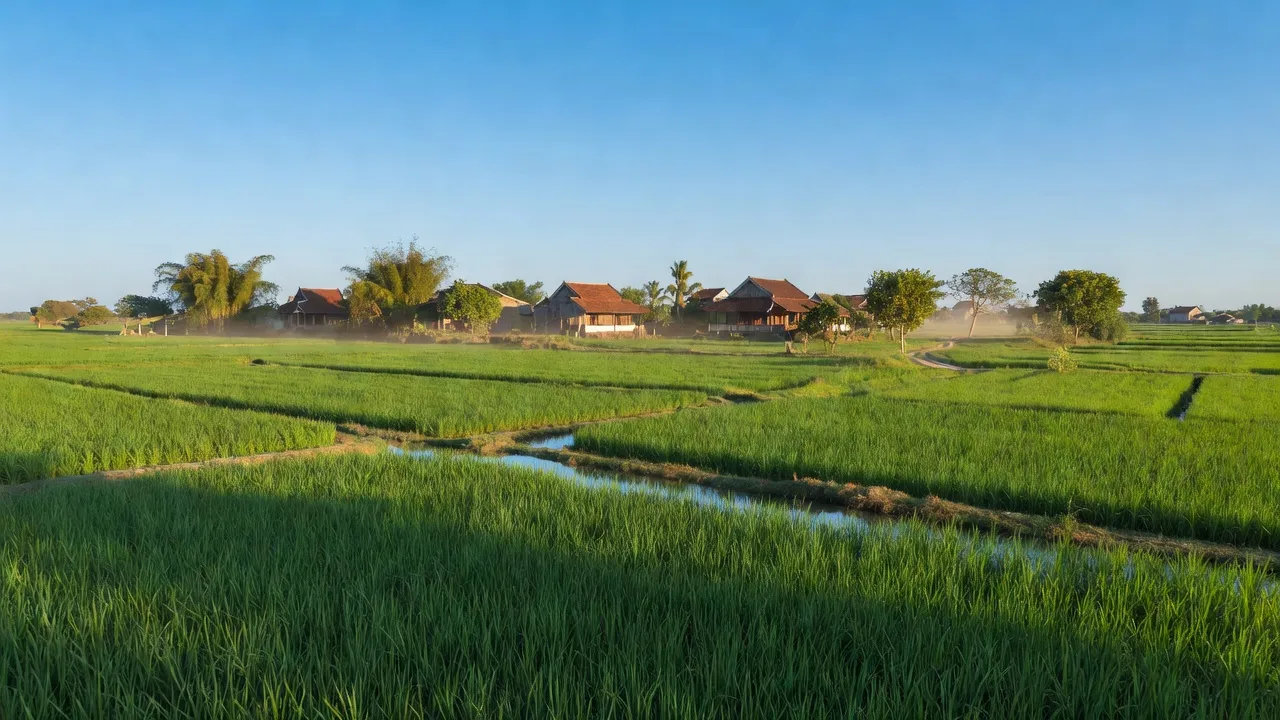 Cảnh quan nông thôn xã Việt Hưng, huyện Văn Lâm, tỉnh Hưng Yên với đồng xanh và nhà truyền thống.